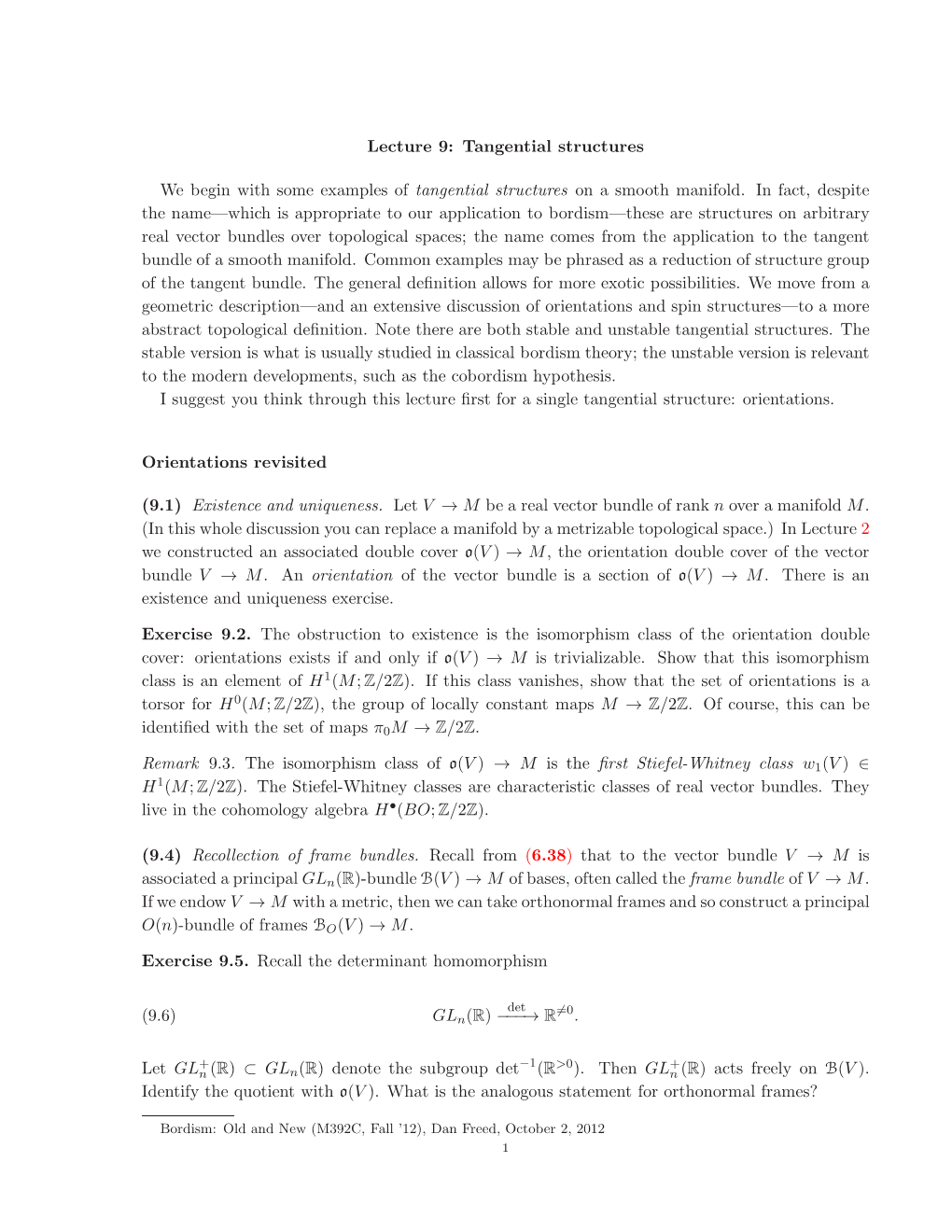 Lecture 9: Tangential Structures We Begin with Some Examples Of