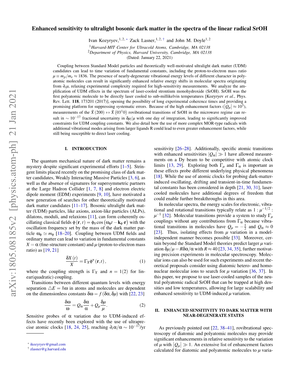 Arxiv:1805.08185V2 [Physics.Atom-Ph] 21 Jan 2021 Δω Δα Δµ = Qα + Qµ