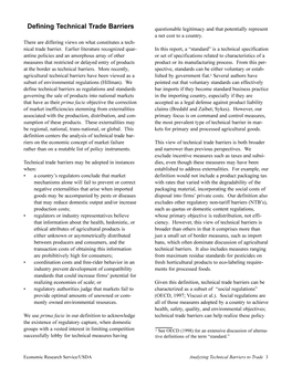 Defining Technical Trade Barriers Questionable Legitimacy and That Potentially Represent a Net Cost to a Country