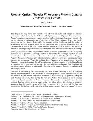 Utopian Optics: Theodor W. Adorno's Prisms: Cultural Criticism and Society
