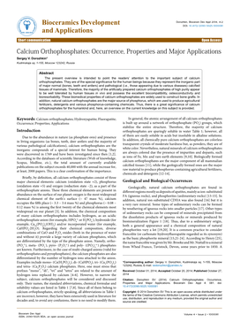 Calcium Orthophosphates: Occurrence, Properties and Major Applications Sergey V