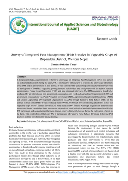 Survey of Integrated Pest Management (IPM) Practice in Vegetable Crops of Rupandehi District, Western Nepal Chandra Bahadur Thapa*