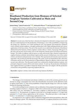 Bioethanol Production from Biomass of Selected Sorghum Varieties Cultivated As Main and Second Crop