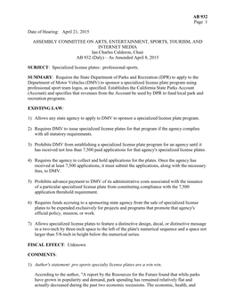 AB 932 (Daly) – As Amended April 8, 2015