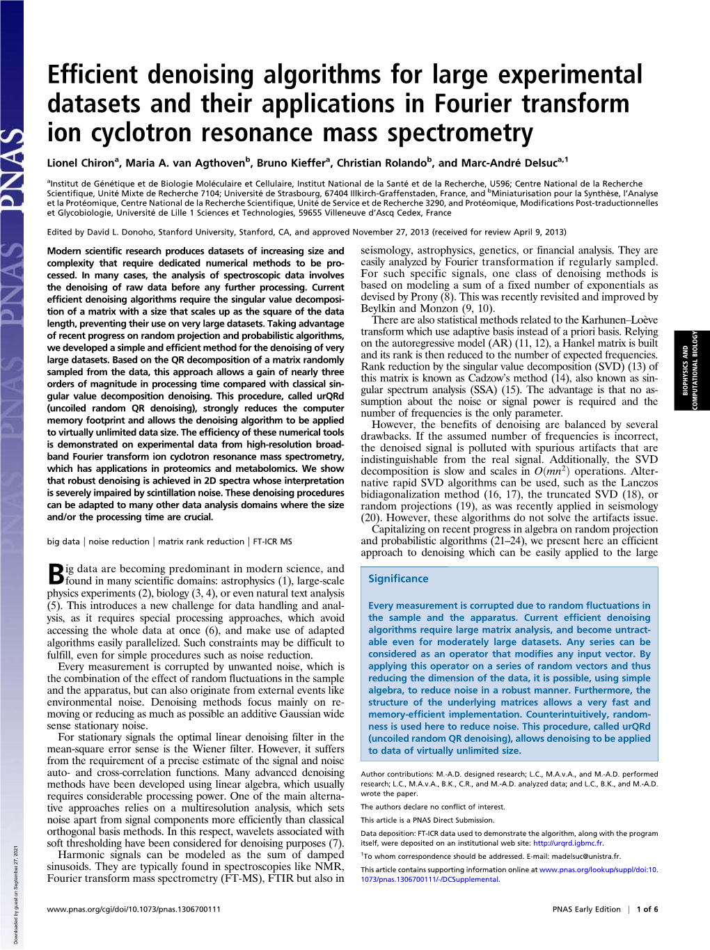 Efficient Denoising Algorithms for Large Experimental Datasets and Their Applications in Fourier Transform Ion Cyclotron Resonance Mass Spectrometry