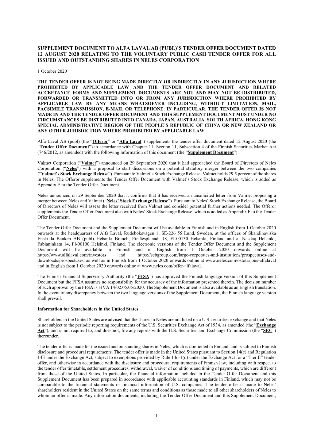 Supplement Document 1 October 2020