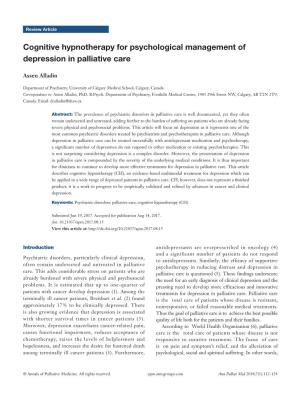 Cognitive Hypnotherapy for Psychological Management of Depression in Palliative Care