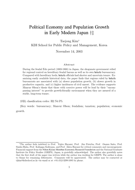 Political Economy and Population Growth in Early Modern Japan †‡ Taejong Kim∗ KDI School for Public Policy and Management, Korea November 14, 2003