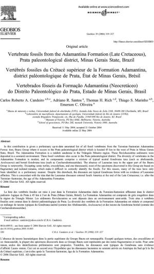 Original Article Vertebrate Fossils from the Adamantina Formation (Late Cretaceous), Prata P Aleontological District, Minas Gerais State, Brazil