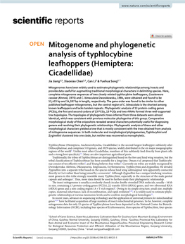 Mitogenome and Phylogenetic Analysis of Typhlocybine Leafoppers (Hemiptera: Cicadellidae) Jia Jiang1,2, Xiaoxiao Chen1,2, Can Li2 & Yuehua Song1*