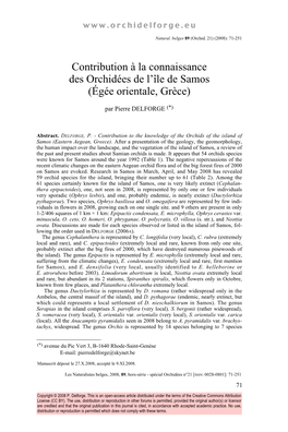 Contribution À La Connaissance Des Orchidées De L'île De Samos (Égée