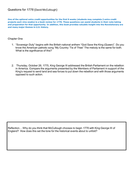 Questions for 1776 (David Mccullough) Chapter One 1. “Sovereign Duty” Begins with the British National Anthem “God Save T