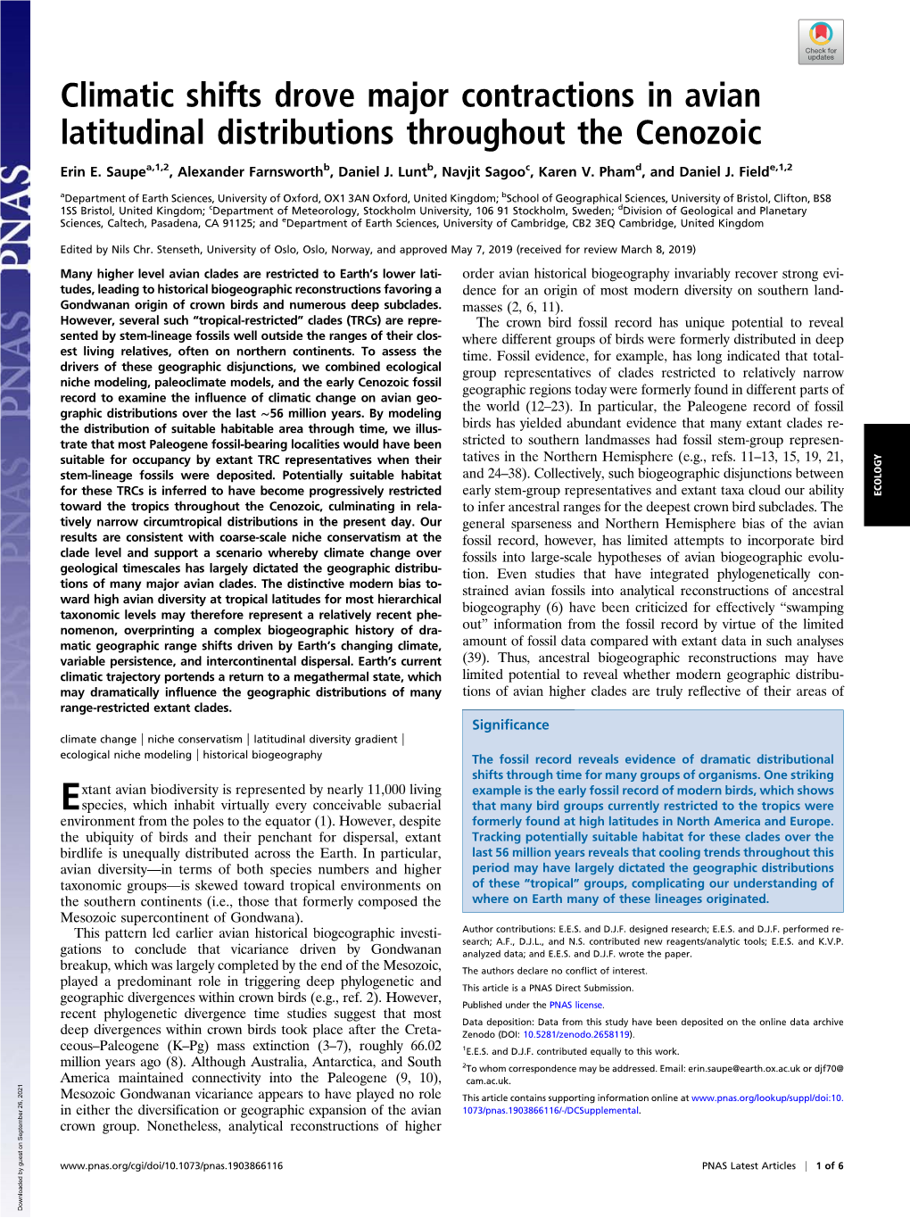 Climatic Shifts Drove Major Contractions in Avian Latitudinal Distributions Throughout the Cenozoic