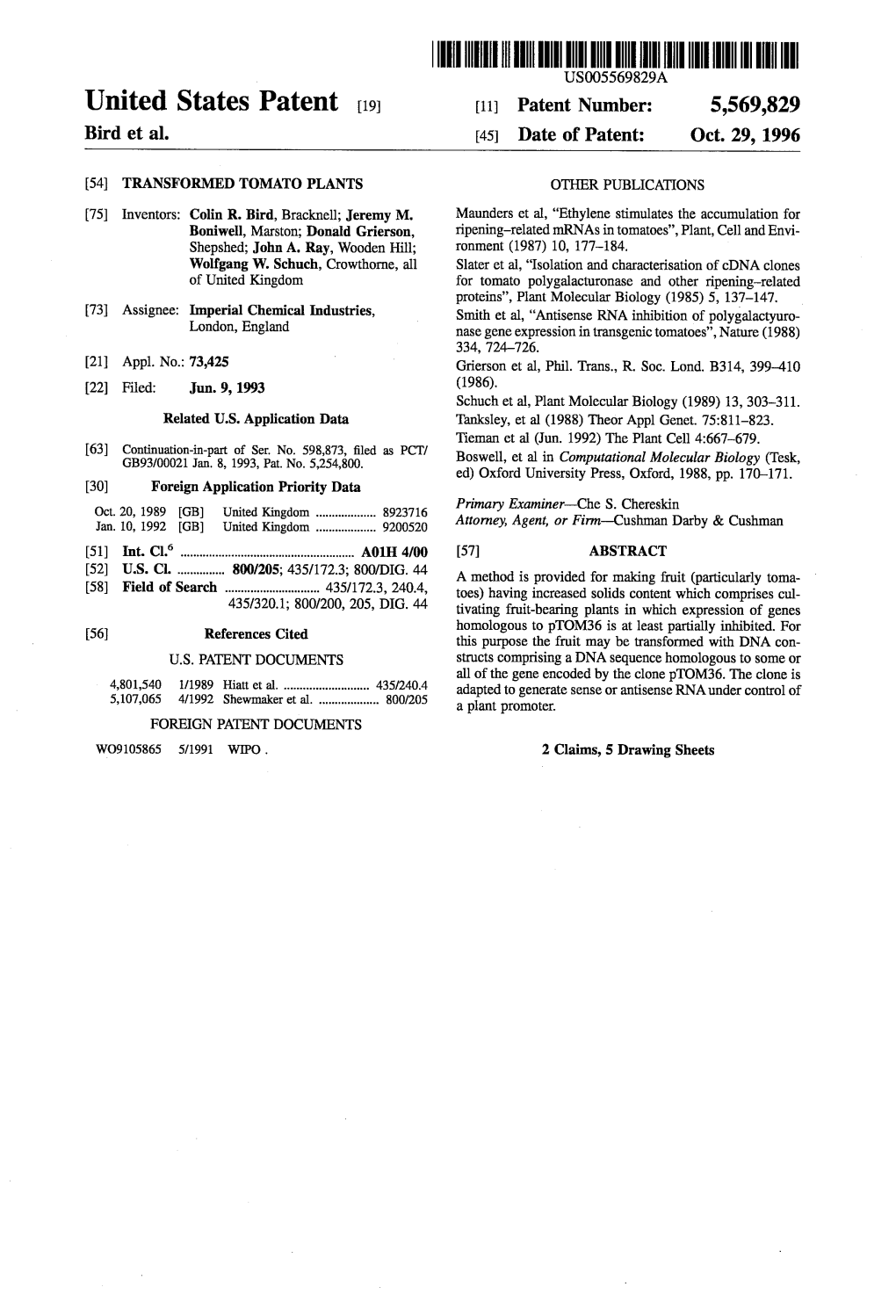United States Patent (19) 11 Patent Number: 5,569,829 Bird Et Al
