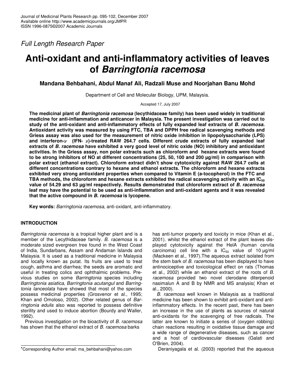 Anti-Oxidant and Anti-Inflammatory Activities of Leaves of Barringtonia Racemosa