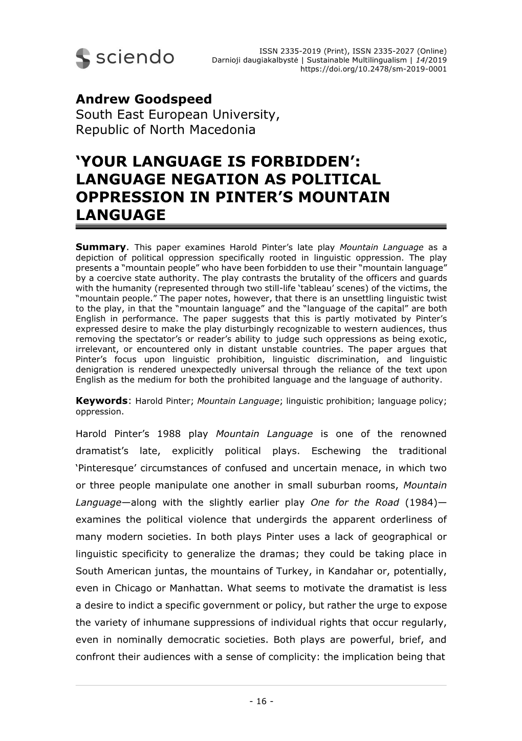 Language Negation As Political Oppression in Pinter’S Mountain Language