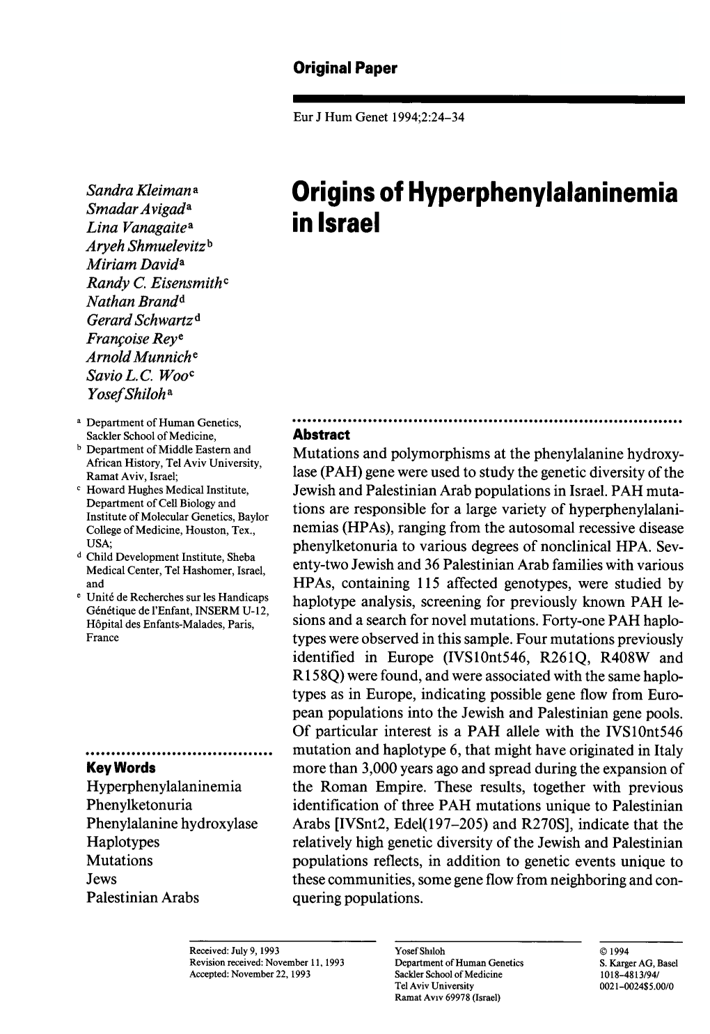 Origins of Hyperphenylalaninemia in Israel