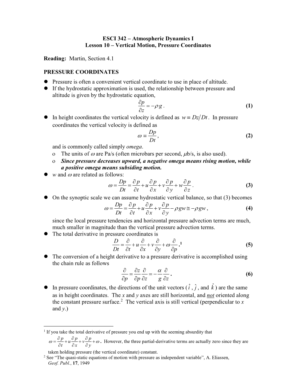 ESCI 342 – Atmospheric Dynamics I Lesson 10 – Vertical Motion, Pressure Coordinates