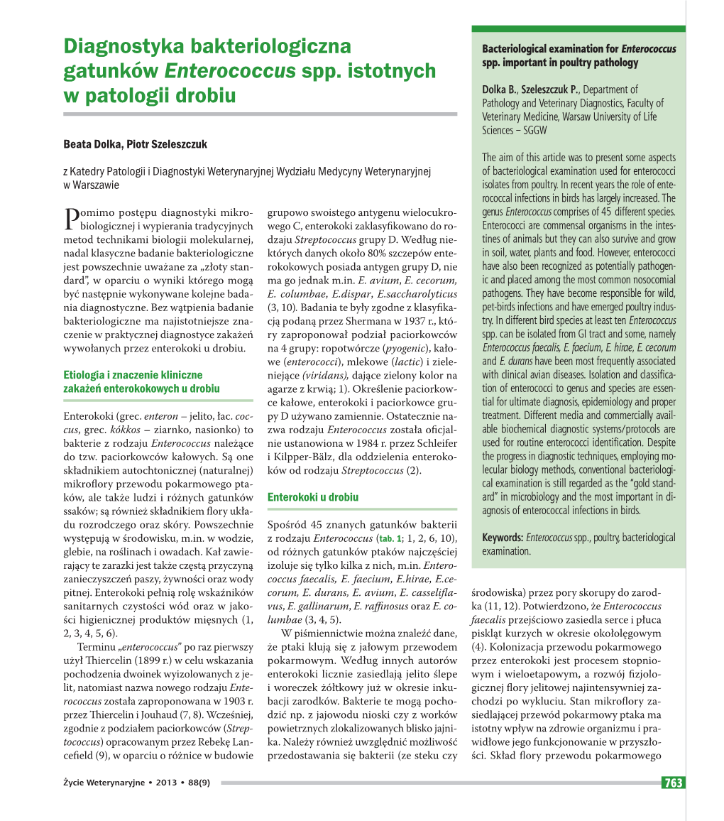Diagnostyka Bakteriologiczna Gatunków Enterococcus Spp. Istotnych W Patologii Drobiu