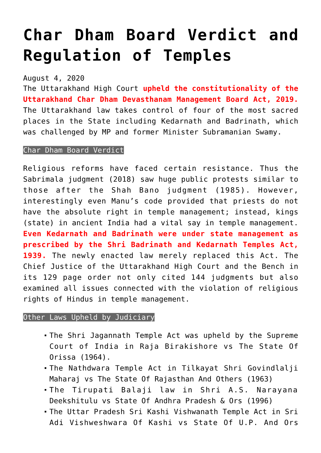 Char Dham Board Verdict and Regulation of Temples