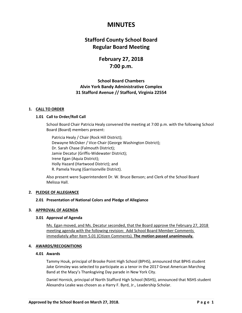 Minutes of the Regular Meeting of the Stafford County School Board Held July 22, 2008, 7:00 P