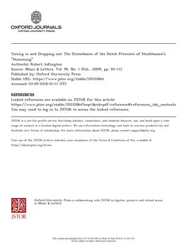 The Disturbance of the Dutch Premiere of Stockhausen's "Stimmung" Author(S): Robert Adlington Source: Music & Letters, Vol