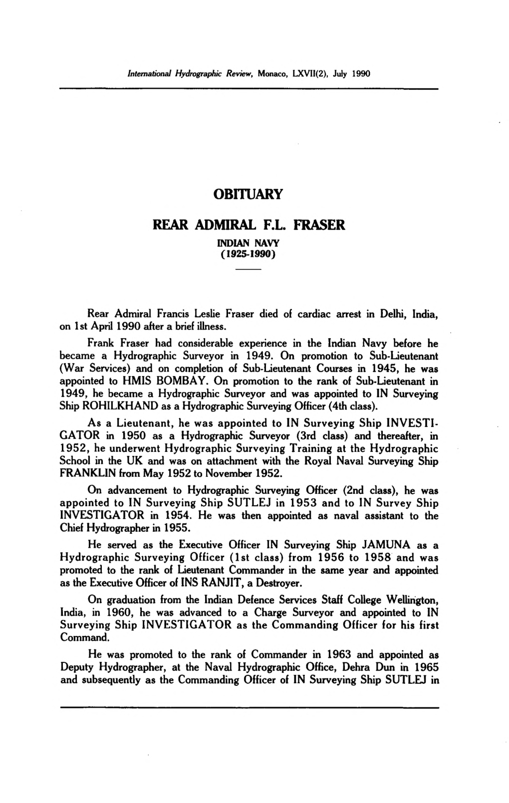 Obituary Rear Admiral F.L. Fraser