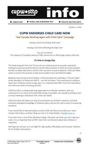 CUPW ENDORSES CHILD CARE NOW “Get Canada Working Again with Child Care” Campaign