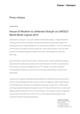 Press Release House of Wisdom to Celebrate Sharjah As UNESCO