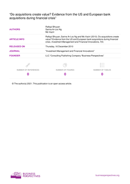 Do Acquisitions Create Value? Evidence from the US and European Bank Acquisitions During Financial Crisis”