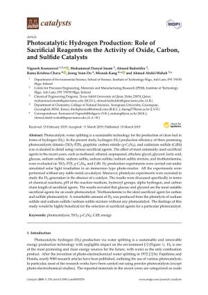 Photocatalytic Hydrogen Production: Role of Sacriﬁcial Reagents on the Activity of Oxide, Carbon, and Sulﬁde Catalysts