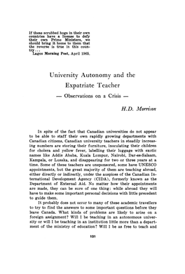 University Autonomy and the Expatriate Teacher Observations on a Crisis