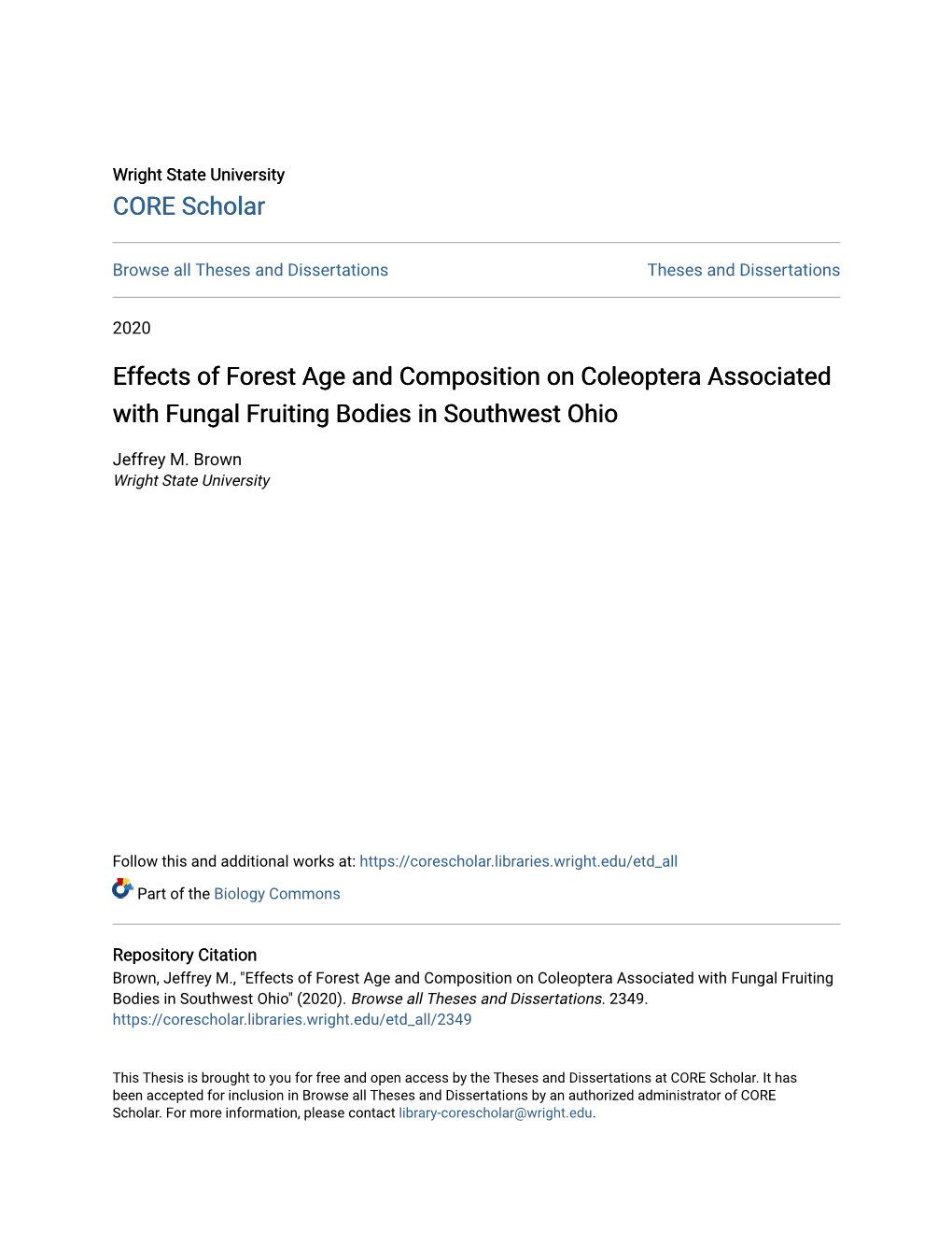 Effects of Forest Age and Composition on Coleoptera Associated with Fungal Fruiting Bodies in Southwest Ohio