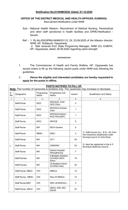 Notification No.01/NHM/2020, Dated: 01.10.2020 OFFICE of THE