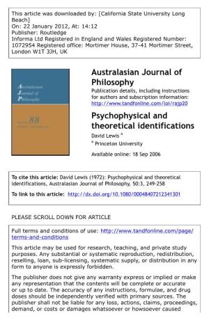 Psychophysical and Theoretical Identifications David Lewis a a Princeton University Available Online: 18 Sep 2006