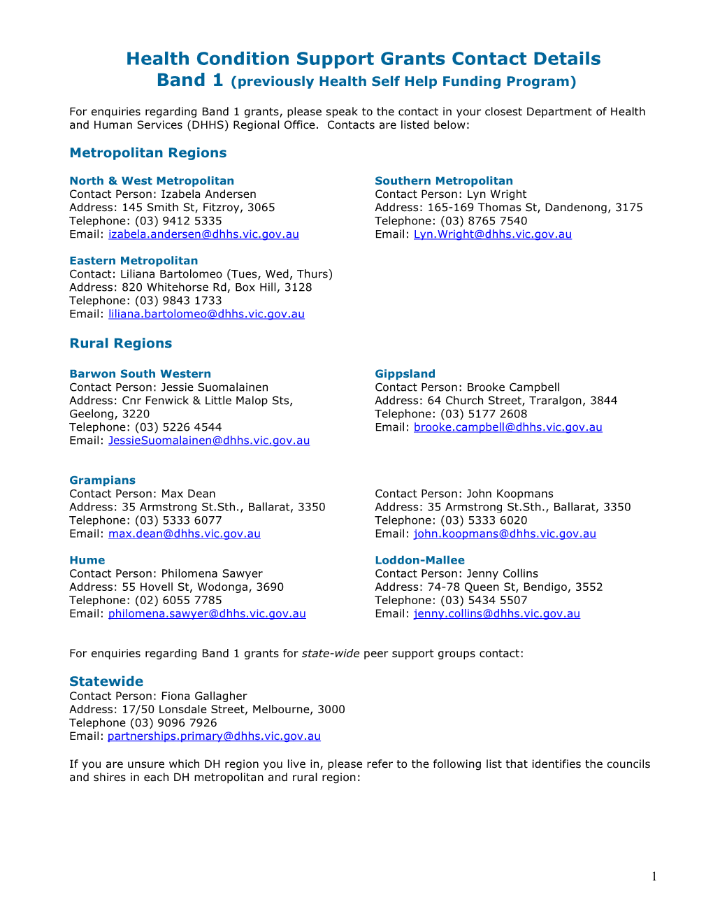 Band 1 HCSG Departmental Contacts