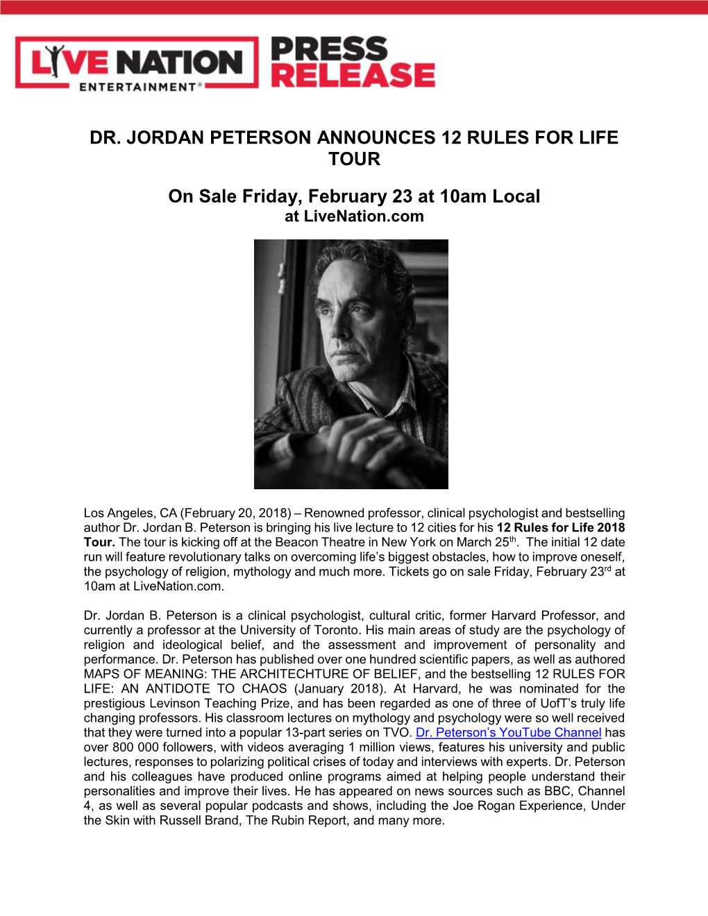 Dr. Jordan Peterson Announces 12 Rules for Life Tour