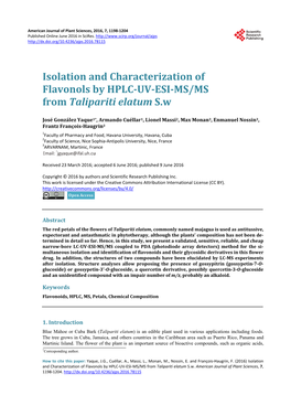 Isolation and Characterization of Flavonols by HPLC-UV-ESI-MS/MS from Talipariti Elatum S.W
