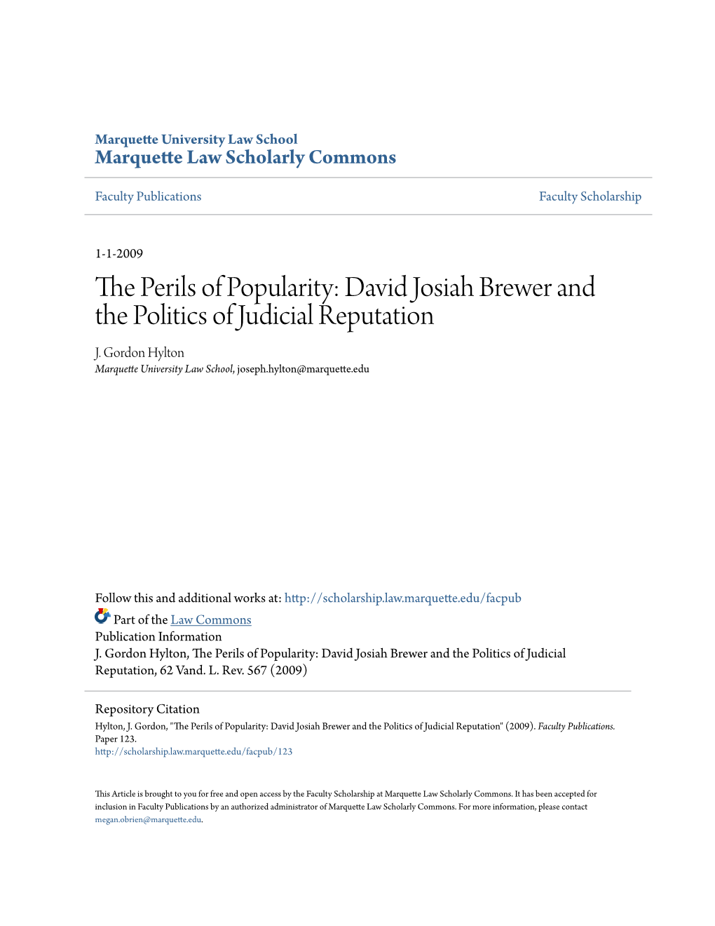 David Josiah Brewer and the Politics of Judicial Reputation J