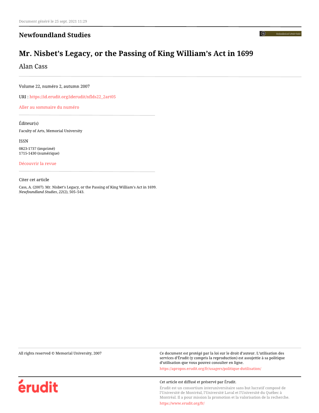 Mr. Nisbet's Legacy, Or the Passing of King William's Act in 1699