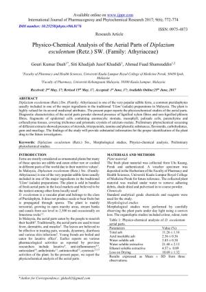 Physico-Chemical Analysis of the Aerial Parts of Diplazium Esculentum (Retz.) SW