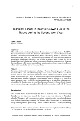 Technical School in Toronto: Growing up in the Trades During the Second World War