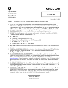 Fta Circular 4710.1 Americans with Disabilities Act Guidance Table of Contents Chapter 1 – Introduction and Applicability