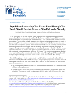 Republican Leadership Tax Plan's Pass-Through Tax Break Would Provide Massive Windfall to the Wealthy