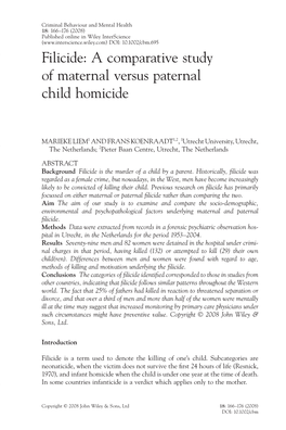 Filicide: a Comparative Study of Maternal Versus Paternal Child Homicide