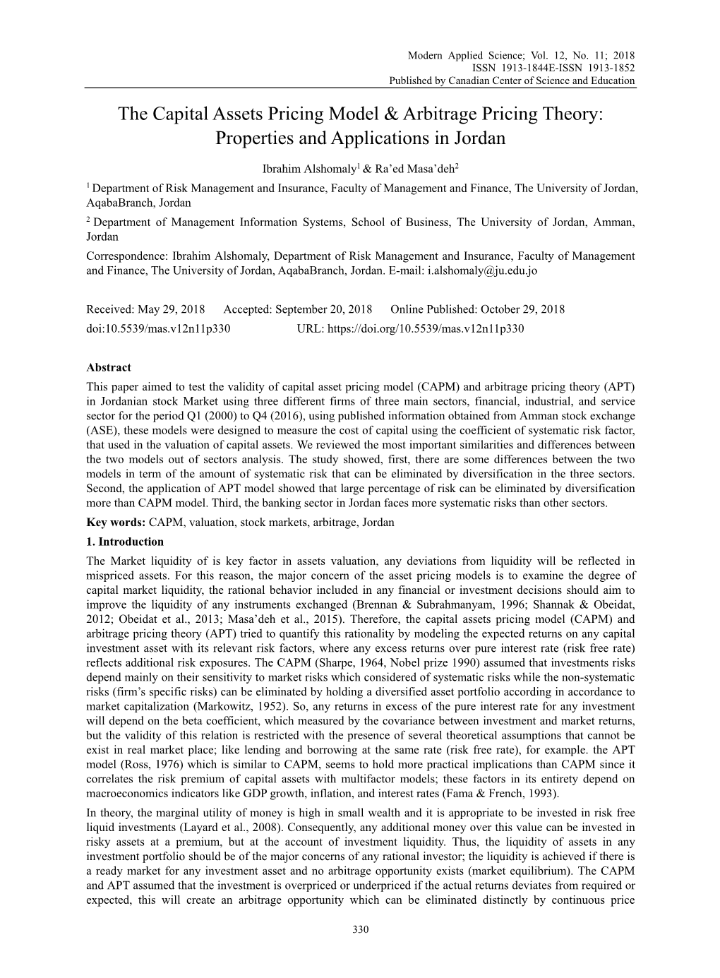 The Capital Assets Pricing Model & Arbitrage Pricing Theory: Properties