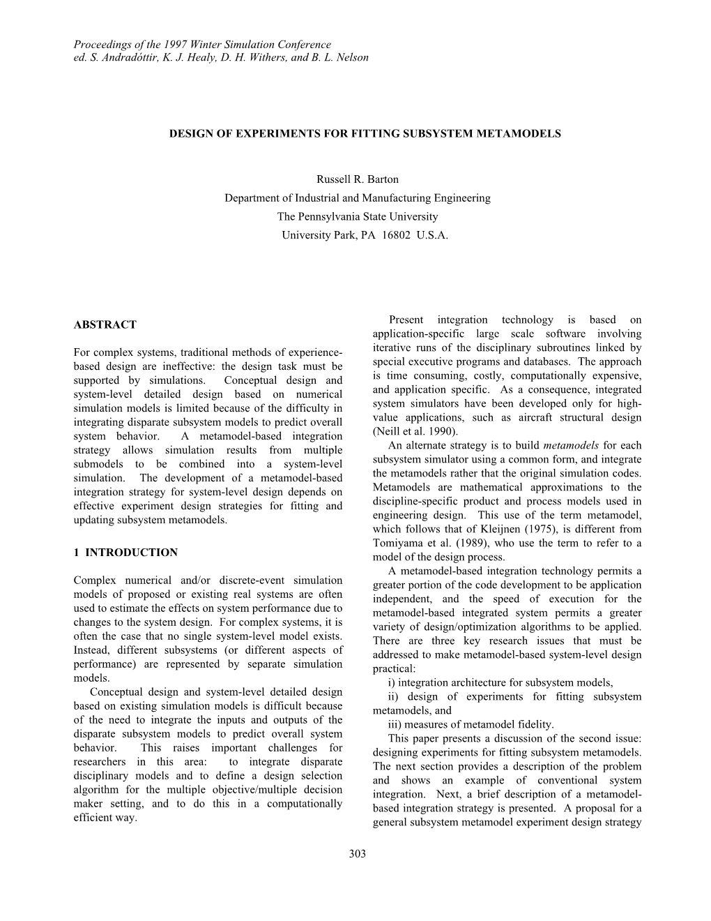 Design of Experiments for Fitting Subsystem Metamodels