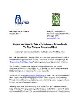 Consumers Urged to Take a Fresh Look at Frozen Foods Via New National Education Effort