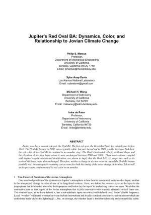 Jupiter's Red Oval BA: Dynamics, Color, and Relationship to Jovian Climate Change