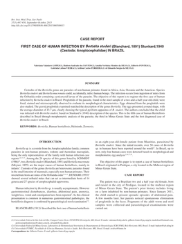 FIRST CASE of HUMAN INFECTION by Bertiella Studeri (Blanchard, 1891) Stunkard,1940 (Cestoda; Anoplocephalidae) in BRAZIL